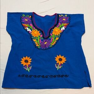 Women’s Blue Embroidered Floral Mexican Blouse Size Large